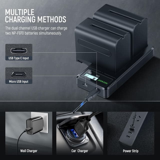 Detalle 2 de NEEWER 2x NP-F970 7800mAh replacement batteries with dual charger (Type C) for Sony NP-F970
