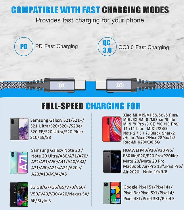Detalle 2 de 2-Pack USB-C to USB-C 6m PD 60W Charger Cable (Fast Charge & Data) – 2x60W Charging Lead