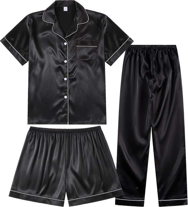 Detalle de TinyChoice 3-Piece Silk Satin Pajama Set for Women (Short Sleeve Button-Down Top + Shorts + Long Pants)