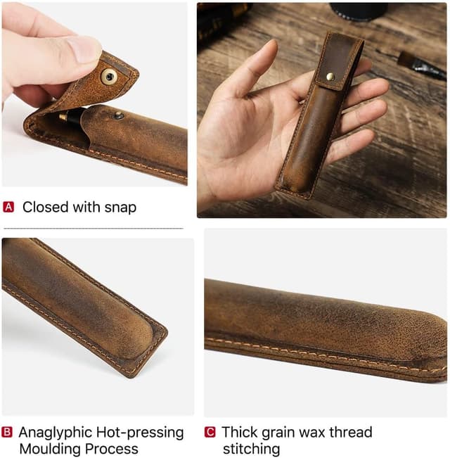 Detalle de CONTACTS Handmade Genuine Leather Pen Case – Vintage pen pouch holder