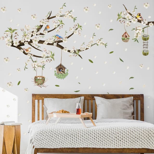 Detalle de HPNIUB Flower Tree Branch Birds Wall Stickers (White floral wall art) 84 x 30cm