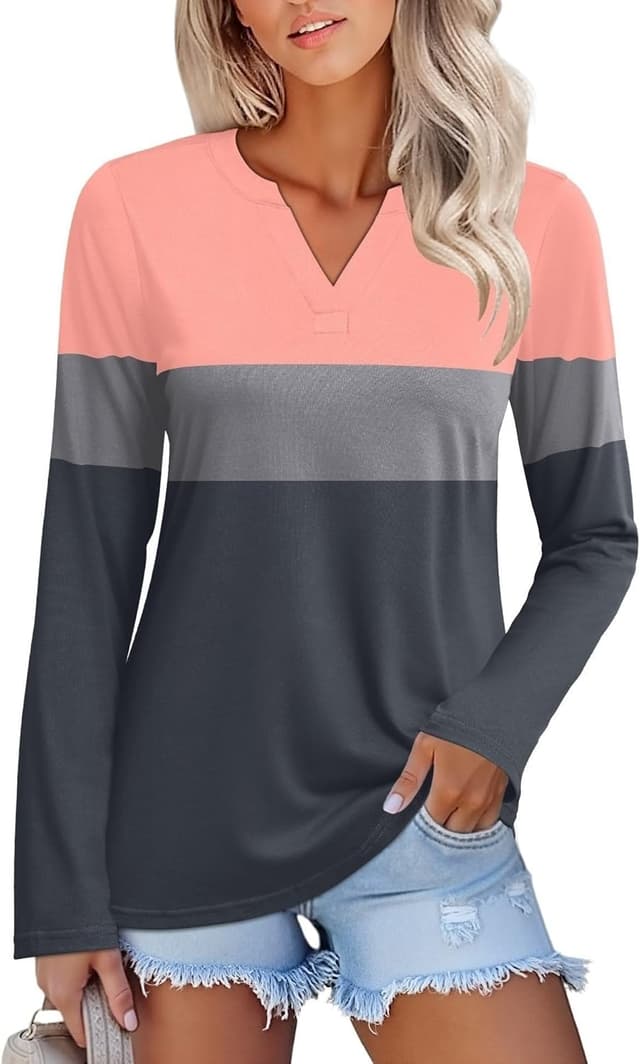 Detalle de EFFAN Women’s Basic V-Neck Long Sleeve Striped & Colour Block Top (S–XXL)