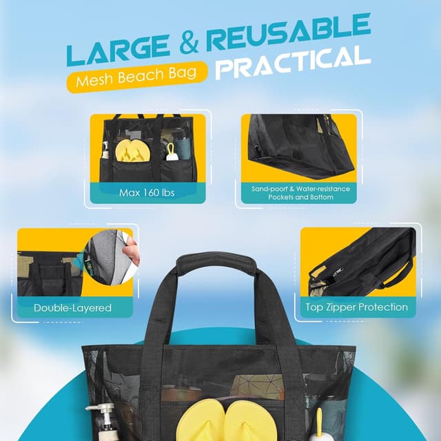 Detalle 2 de XXL Strandtasche für Damen: Strandtasche XXL Familie mit Reißverschluss, 9 Fächer (ca. 35 Liter), 47×20,5×34,5 cm
