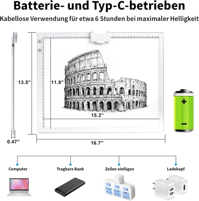Detalle de elice A3 Leuchttisch mit Tasche – kabelloses LED-Lichtpad für Nachzeichnen, Skizzen & Diamantmalerei (3 Farben, dimmbar)