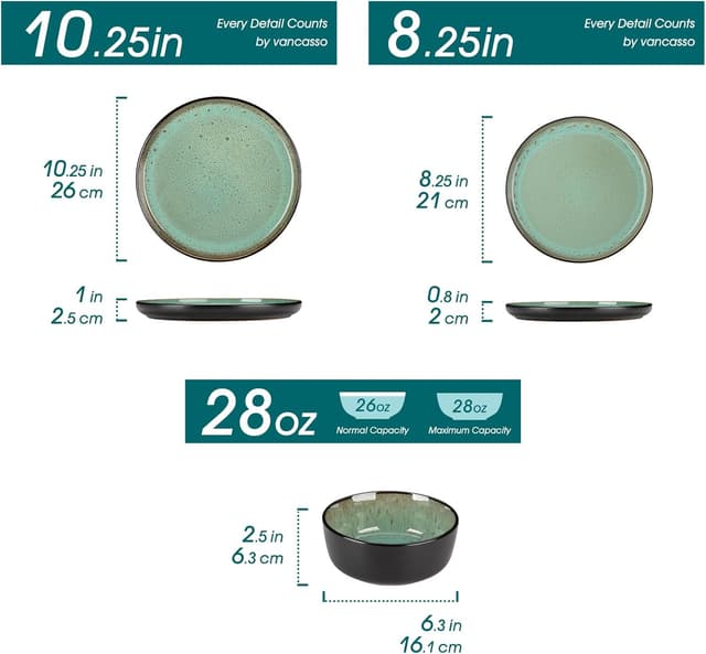 Detalle de vancasso AMBER Series Turf Green Stoneware Dinnerware Set (24-Piece: Plates & Bowls) — Microwave & Dishwasher Safe