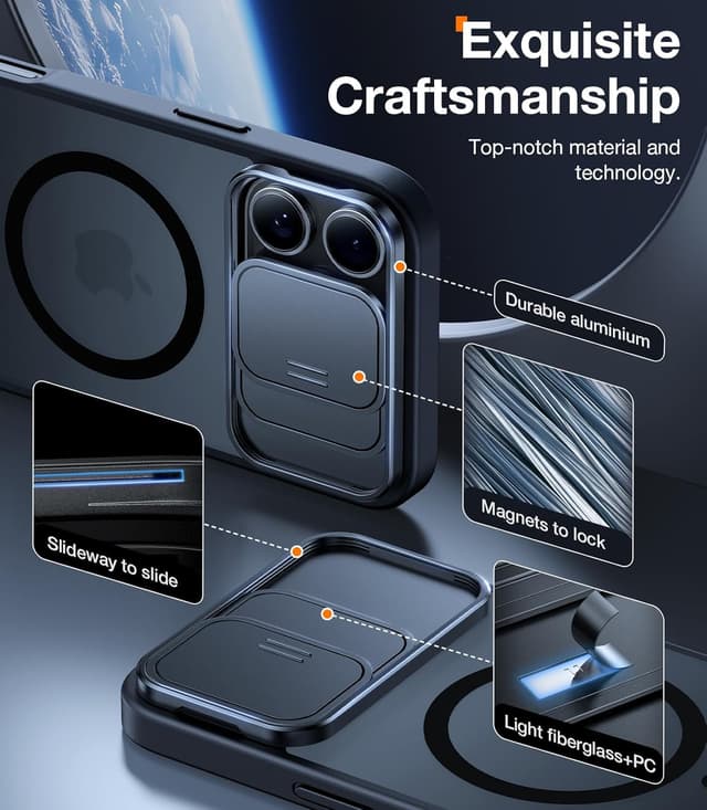 Detalle de TORRAS for iPhone 16 Pro Max Case with Slide Camera Cover, Rotatable Kickstand & MagSafe