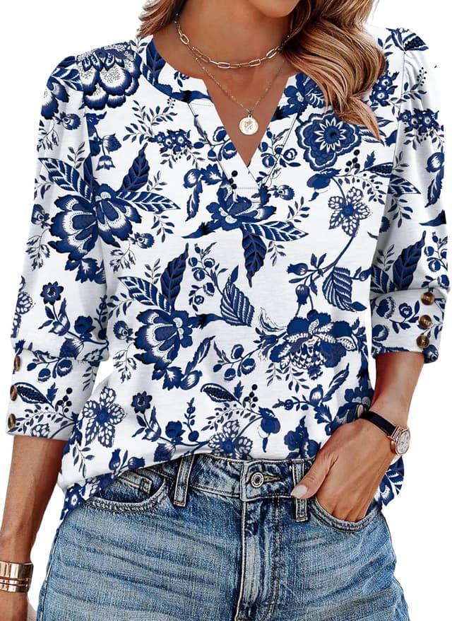 Detalle de WIHOLL 3/4 Sleeve V-Neck Blouse with Triple-Button Cuffs for Dressy Casual & Work