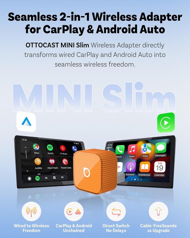 Detalle 2 de OTTOCAST 2026 Mini Slim Orange Wireless CarPlay 2-in-1