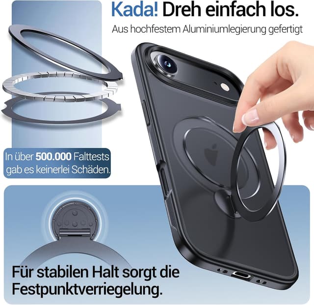 Detalle de Anqrp 360° All-in-One-Ständerhülle für iPhone 17 Air (6,5 Zoll) – Magnetisch mit drehbarem Ringhalter, Schwarz