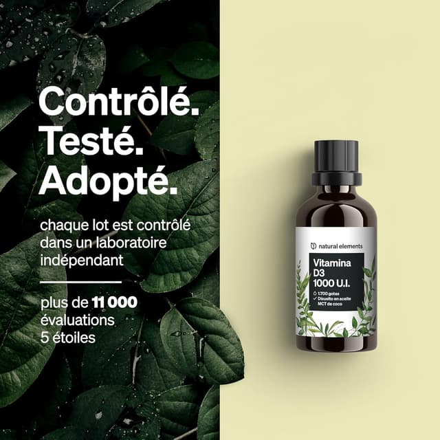 Detalle de Natural Elements Vitamine D3 1000 U.I. en gouttes – 50 ml (huile de coco TCM), fortement dosée