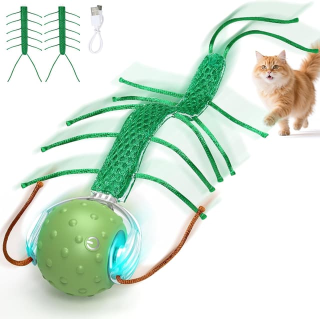 Detalle de PUHOHUN balle de jeu automatique interactive pour chat d’intérieur (3 vitesses, silencieux, USB-C) – Vert