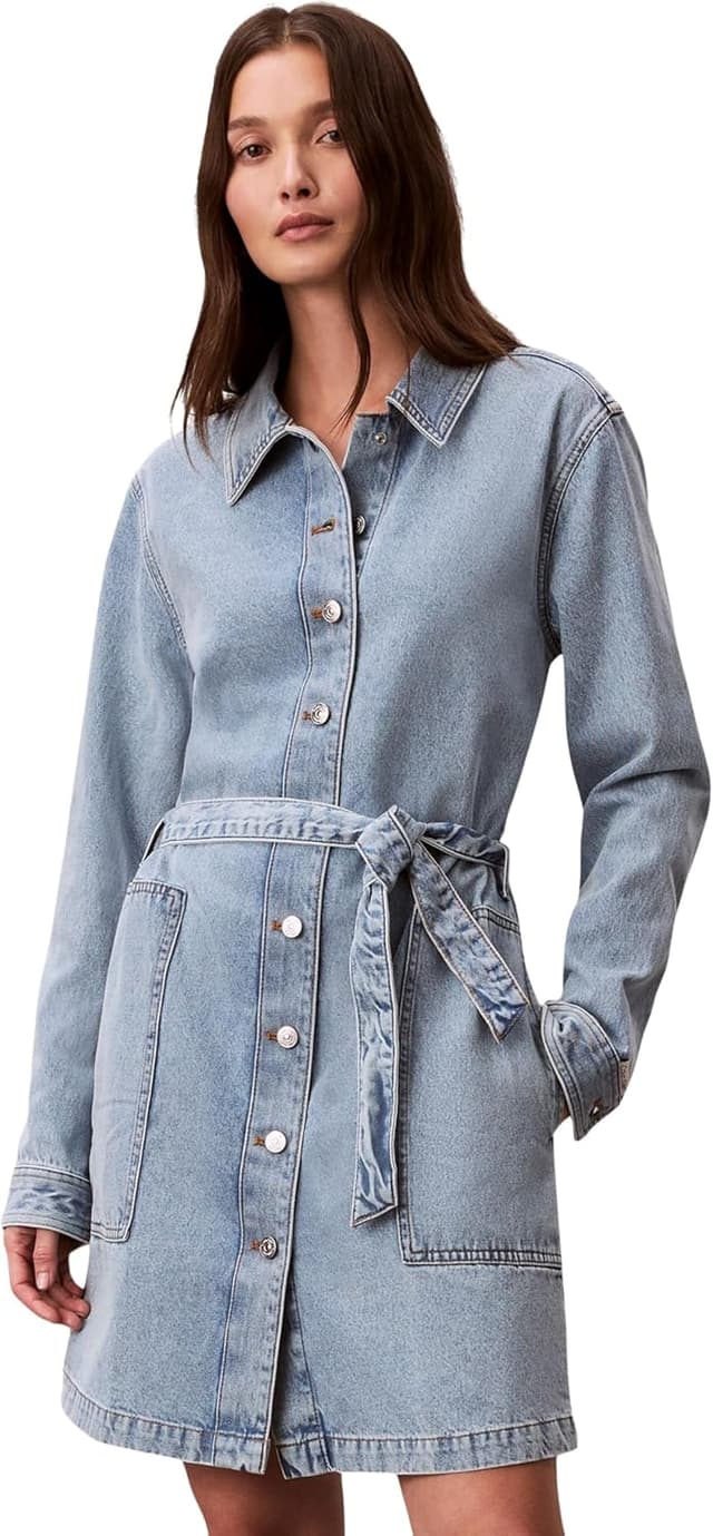 Detalle de Calvin Klein Belted Denim Mini Dress Coastal LV047F671G vestito donna in denim