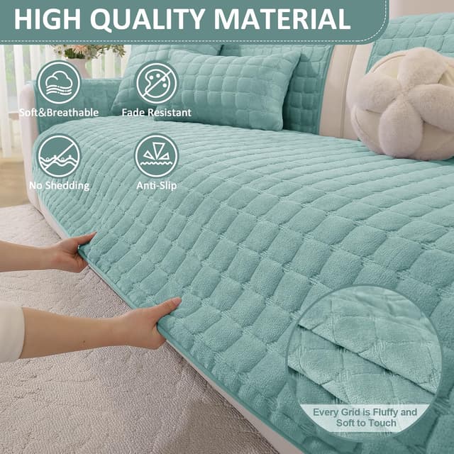 Detalle 2 de Ystyle Copridivano in pile morbido con base antiscivolo, telo lavabile per divani 1/2/3/4 posti e chaise longue (turchese, 90x90 cm)