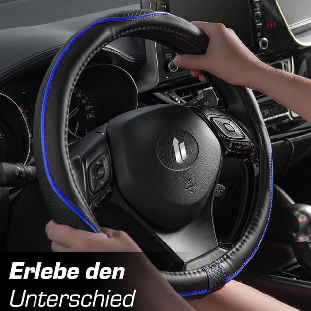 Detalle de Upgrade4cars Lenkradbezug Blau Schwarz (Leder-Optik) – universelle Lenkradhülle 37–38 cm