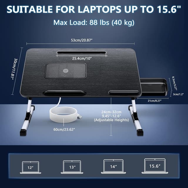 Detalle 2 de iCare Laptoptisch höhen- und winkelverstellbar für Bett, Sofa & Couch (53 x 30 cm, Schwarz)