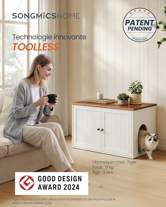 Detalle de SONGMICS HOME PCL233WJ05 : meuble litière pour chat avec assemblage ultra-rapide