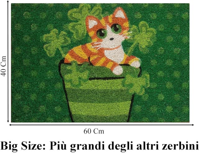 Detalle de Baroni Home zerbino da esterno in cocco dipinto a mano con base in PVC, gatto su sfondo verde, 60x40 cm