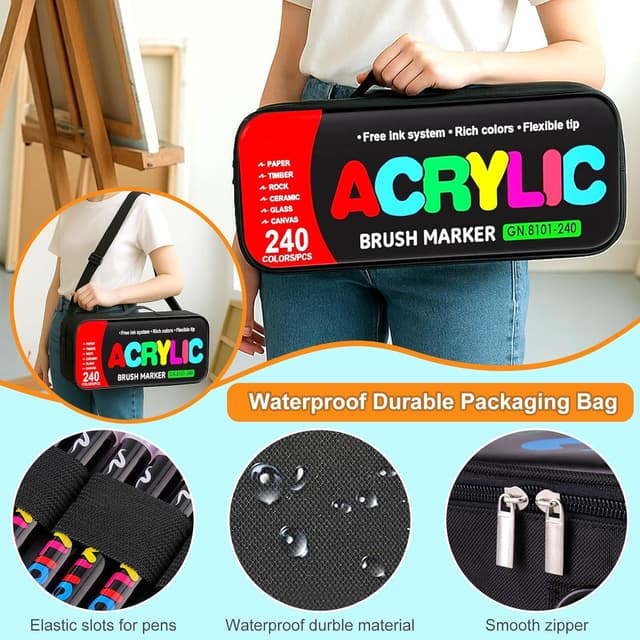 Detalle de Efimeso 240 Couleurs – feutres acryliques à pointe nylon (avec sac de rangement) pour peindre sur roche, toile, bois et plus