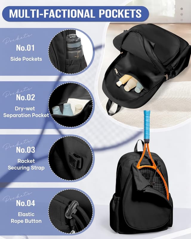 Detalle de SZLX Tennisrucksack: geräumige Sporttasche mit Schlägerfach für Tennis, Badminton, Squash & Pickleball