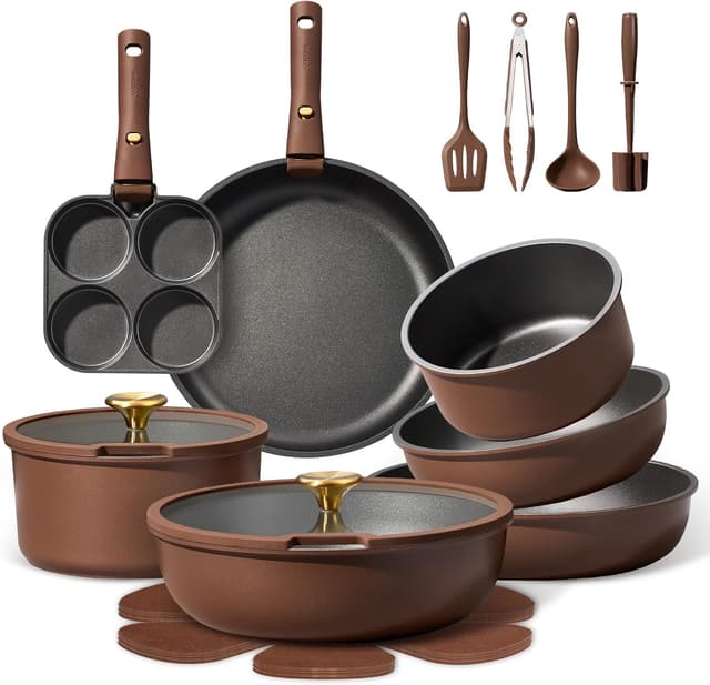 Detalle de CAROTE 21-Piece Pots and Pans Set with Detachable Handle (Nonstick, Oven Safe) — Brown