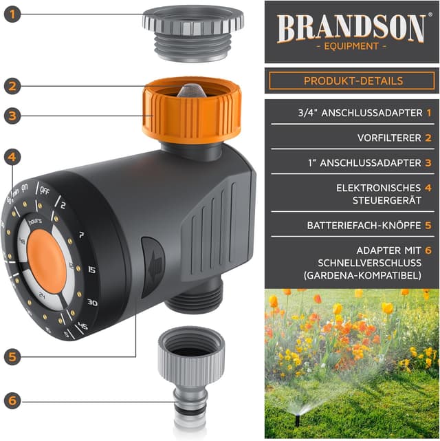 Detalle 2 de Brandson Bewässerungsuhr Wasserzeitschaltuhr mit Zyklus-, Dauer- und Delay-Funktion (Adapter für 1/2 + 3/4 Zoll)