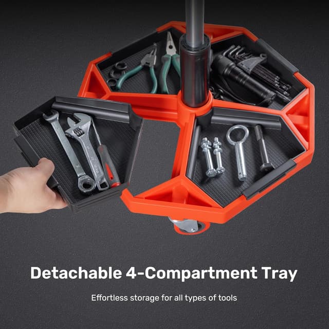 Detalle de HYDRAULIC PRO Adjustable Height Rolling Mechanic Stool (16.1–21.7 in) with Cushioned Seat and Tool Trays