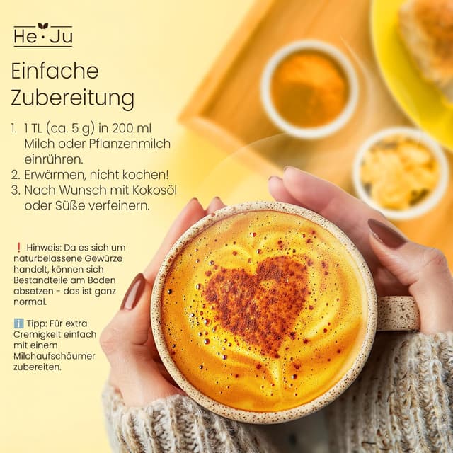 Detalle de He-Ju Bio Goldene Milch Classic – Kurkuma-Latte Pulver mit Lucuma & Prise Pfeffer, zuckerfrei, vegan (150 g)