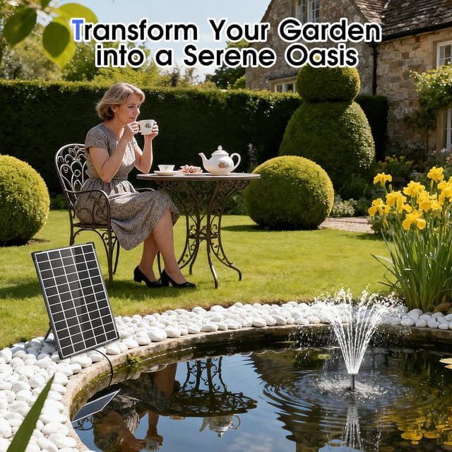 Detalle 2 de Biling 12W Solar Water Fountain with 5000 mAh Battery Backup – Floating Pond Pump with 10 Nozzles, 300 L/H