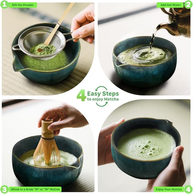 Detalle 2 de Qxeutm Matcha Set – 7-teiliges Premium Matcha Starter Set (blau) mit Schale, Besen, Sieb & Tuch