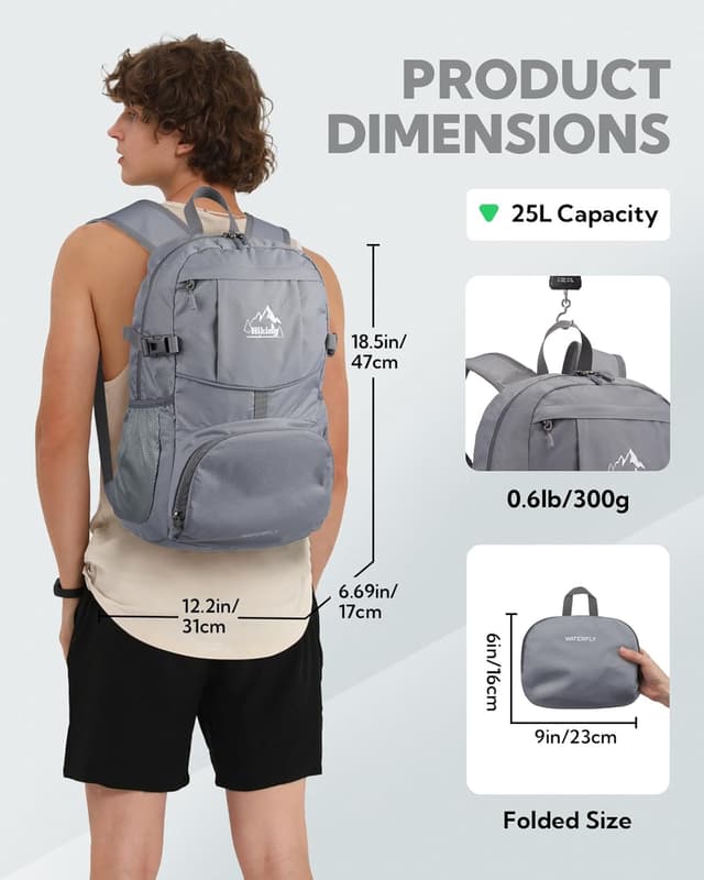 Detalle 2 de WATERFLY faltbarer Ultraleicht-Wanderrucksack (25L) – packbare Trekking-Tagesrucksack mit Reflektoren