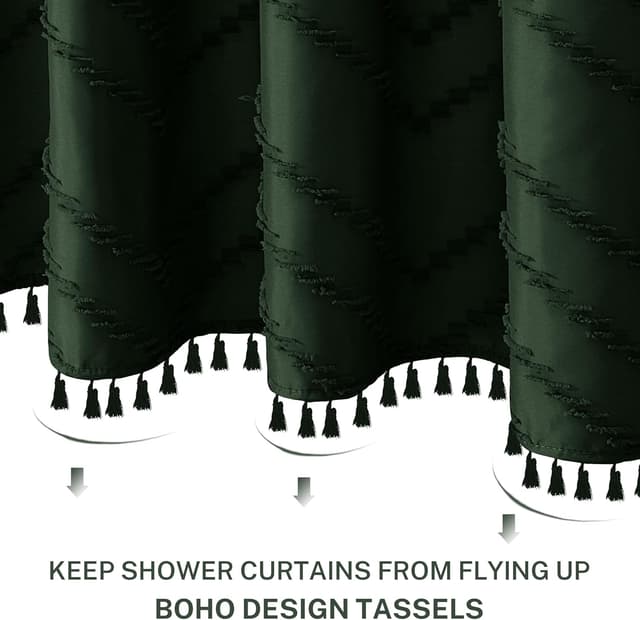 Detalle de Siiluminisoy Dark Green Boho Shower Curtain with Tassels (72 x 72 in) for Bathroom Privacy & Water Control