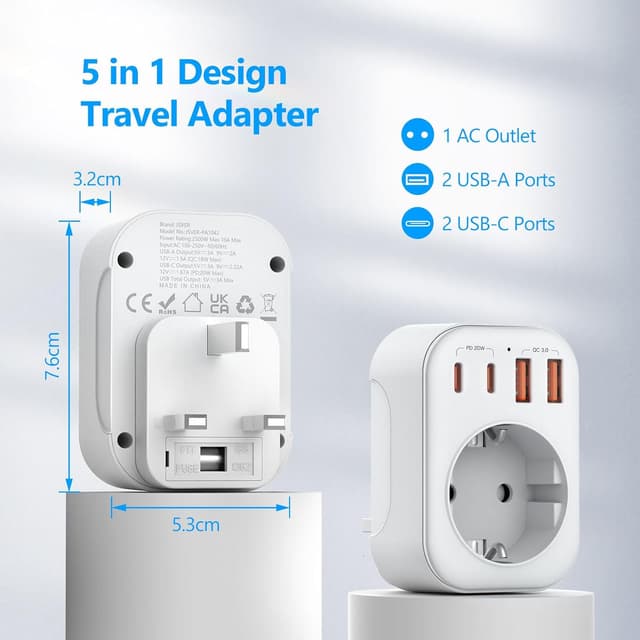 Detalle de JSVER JSVER-PA1042 adattatore di viaggio universale con 2 USB-A, 2 USB-C (PD 20W) e presa CA