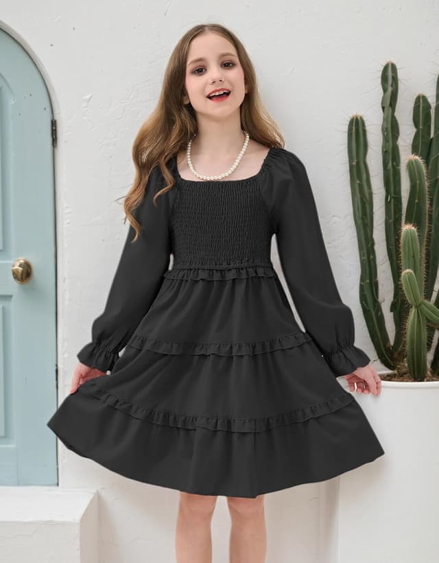 Detalle de JiAmy Girls Long Sleeve Tiered Party Dress (4–12 Years) with Side Pockets