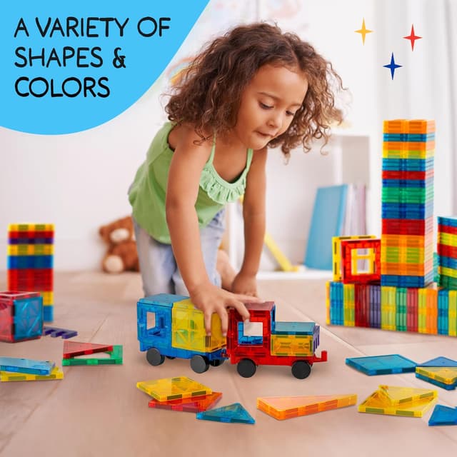 Detalle de Magnetic Tiles 125 PCS (XL Set) Magnetic Building Set with Carry Case – for ages 3–8
