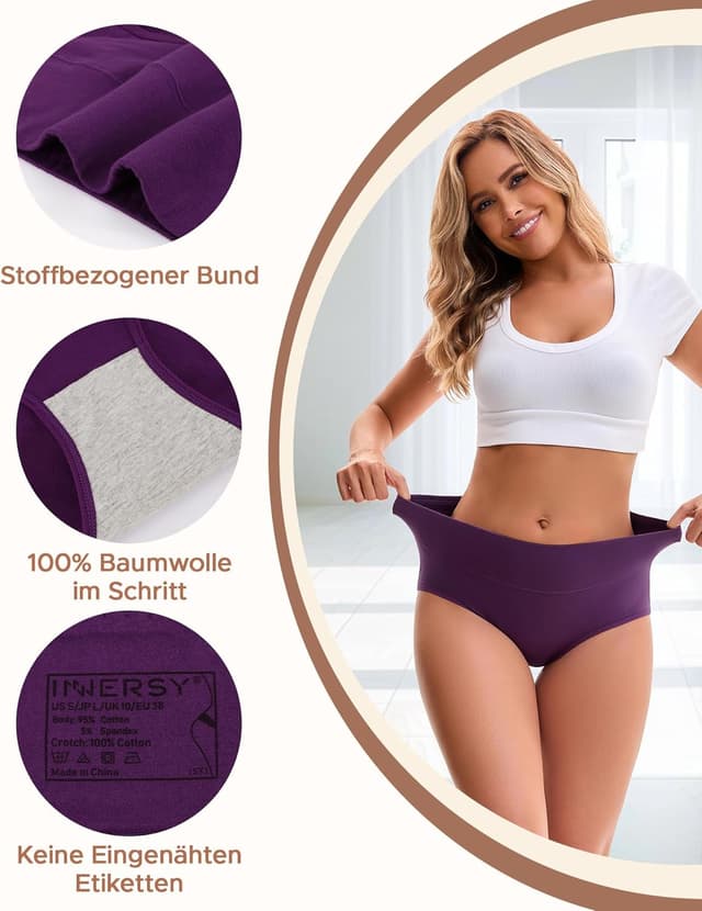 Detalle de INNERSY Damen-Slips aus Baumwolle mit Stretch, hohe Taille – 5er Pack