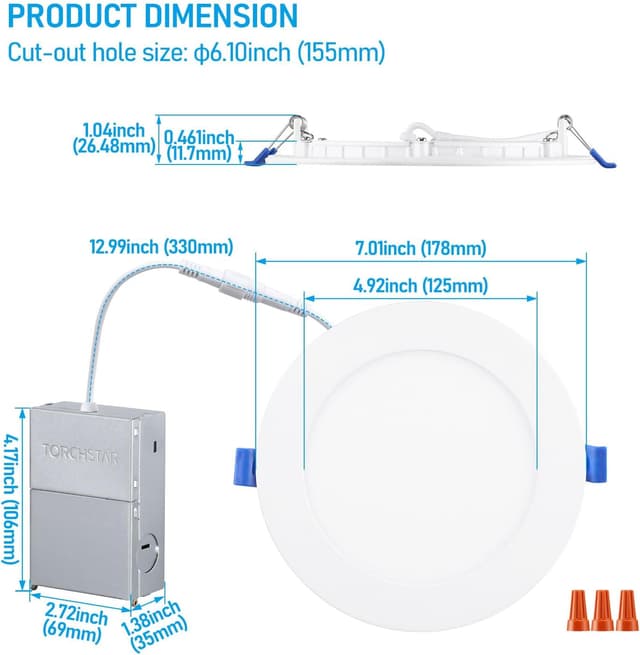 Detalle de TORCHSTAR Basic Series 12-Pack 6-Inch Ultra-Thin LED Recessed Lights (CRI90, 5000K, IC-Rated)