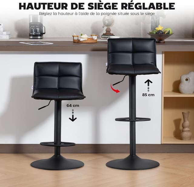 Detalle de HOMCOM Lot de 2 tabourets de bar réglables avec assise pivotante en PU, dossier et repose-pieds (noir)