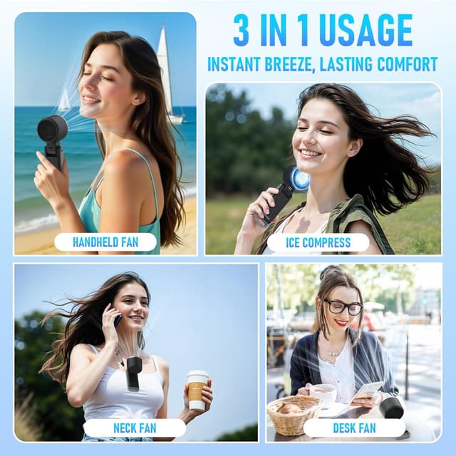 Detalle 2 de PlayHot Portable Handheld Turbo Fan with Ice Cooling (Rechargeable, Black) — Up to 12H Cooling, 5 Speeds