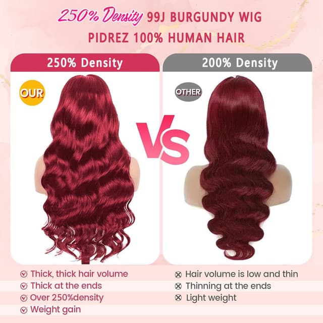 Detalle de pidrez 250% Density 28-Inch Burgundy Human Hair 13x6 Lace Front Wig (99J) Body Wave