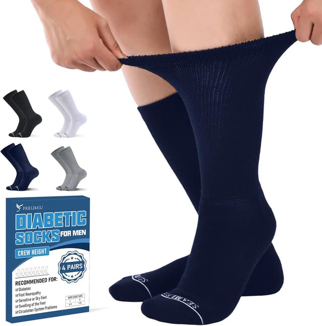 Detalle de Frelimiu Diabetic Socks for Men – seamless non-binding crew socks, 4 pairs (7–11)