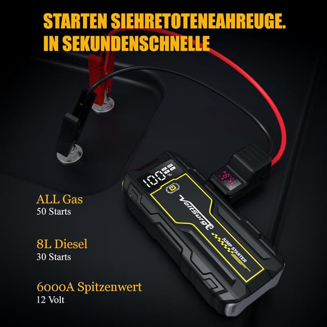 Detalle de VoltSurge VoltSurge 6000A Jump Box (bis 8L Diesel, 12V) – tragbarer Starthilfe-Booster mit USB und LED-Lampe