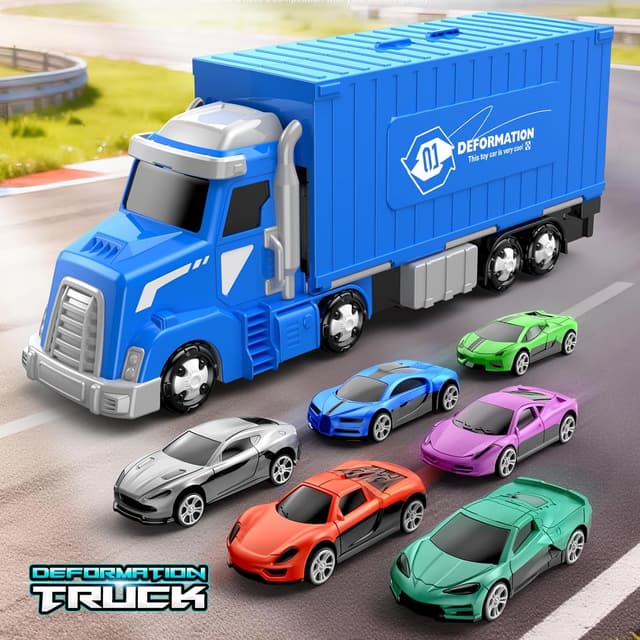 Detalle de maysida 3-in-1 Containerwagen Transport Truck mit faltbarer Rennbahn und 6 Spielzeugautos (ab 3 Jahren)