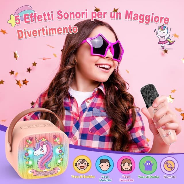 Detalle de Dislocati karaoke per bambini con 2 microfoni wireless, Bluetooth e luci LED a tema unicorno (3-12 anni)