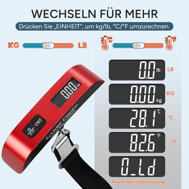 Detalle de travel inspira digitale Kofferwaage mit Haken bis 50 kg (Reisewaage, rot)