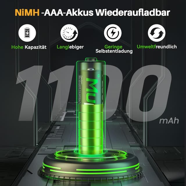 Detalle de AAA Akkus Wiederaufladbar 16er-Pack mit Ladegerät: NiMH 1,2V 1100 mAh (inkl. Ladegerät, Type‑C) für AA/AAA