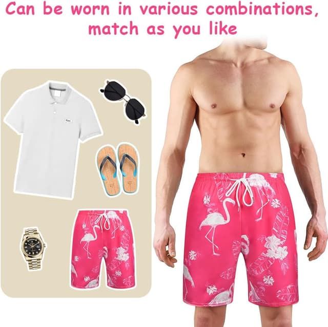 Detalle 2 de Aomig Uomo Hawaiani pantaloncini da bagno con stampa tropicale e taschino (Blu, M-XL)