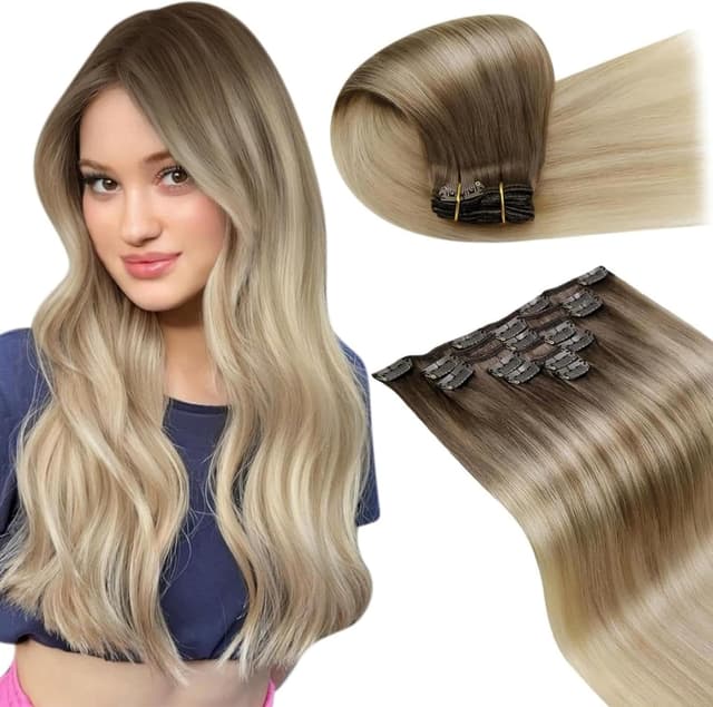 Detalle de LaaVoo Extensions de cheveux naturels à clip balayage marron clair–blond cendré–platine, 50 cm (7 pcs / 120 g)