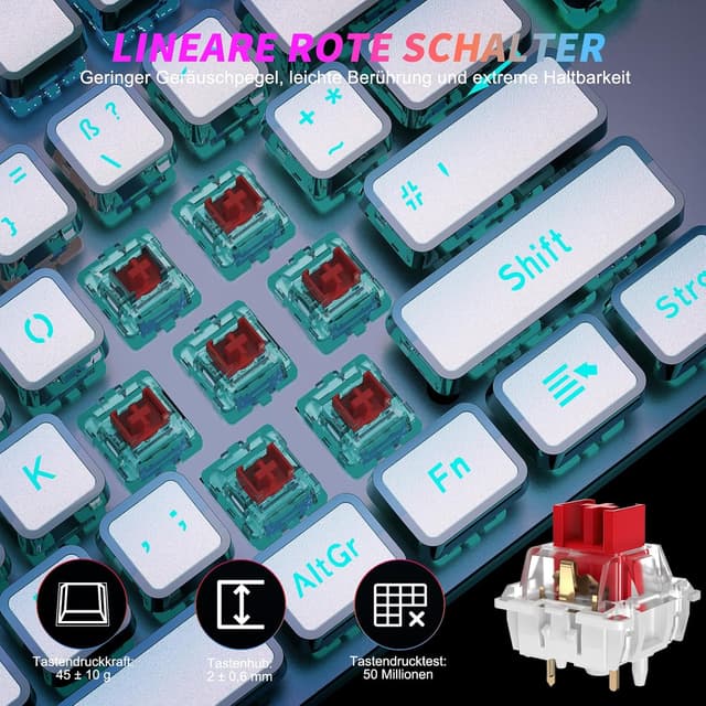 Detalle de TECURS Gaming Mechanische Tastatur mit magnetischer Handgelenkauflage, rote Schalter (QWERTZ, DE-Layout) und 19 LED-Modi