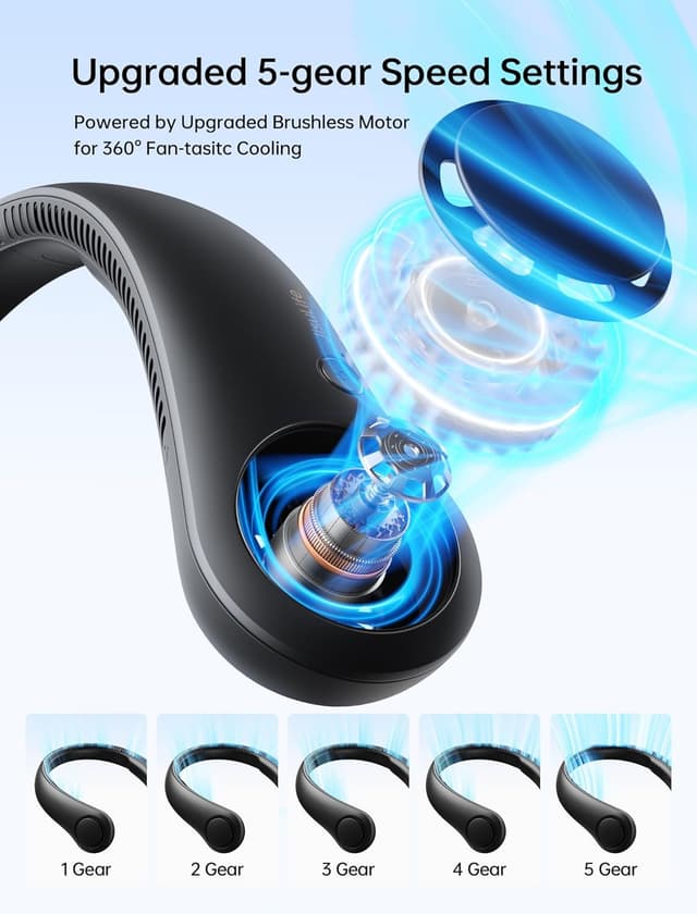 Detalle de JISULIFE Portable Neck Fan (Hands-Free Bladeless) – 5 Speeds, 4000 mAh rechargeable