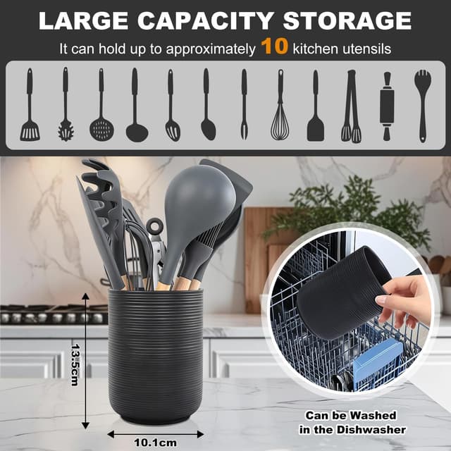 Detalle de DoocliB Küchenutensilienhalter aus Keramik (10 x 13,5 cm) – Besteckhalter für Löffel, Gabeln & Spatel, Schwarz